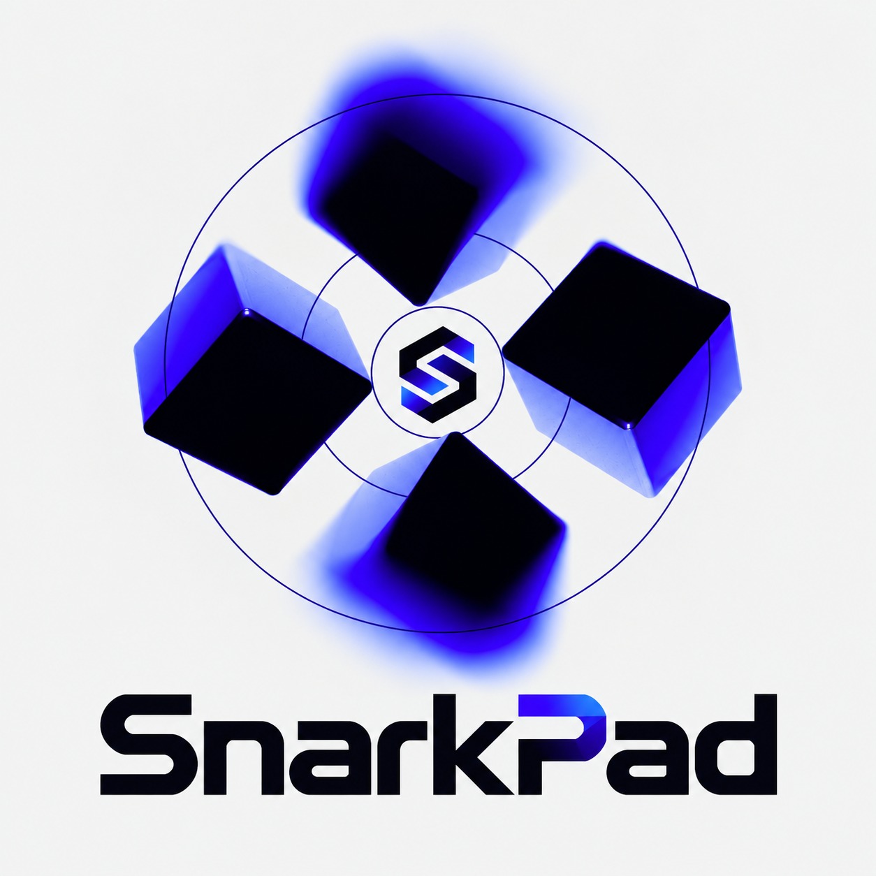 SnarkPad Orbit: four obsidian cubes with ultraviolet edges orbiting the hexagonal S mark, above the SnarkPad wordmark